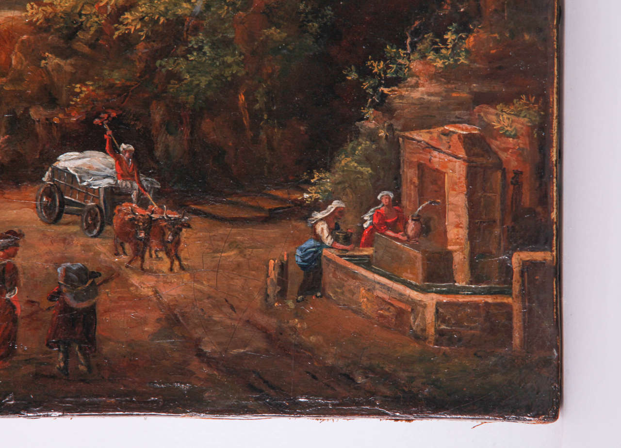 Italian painter (?), Italian rural street view, oil on canvas, Late 18th Century In Good Condition For Sale In Roma, IT