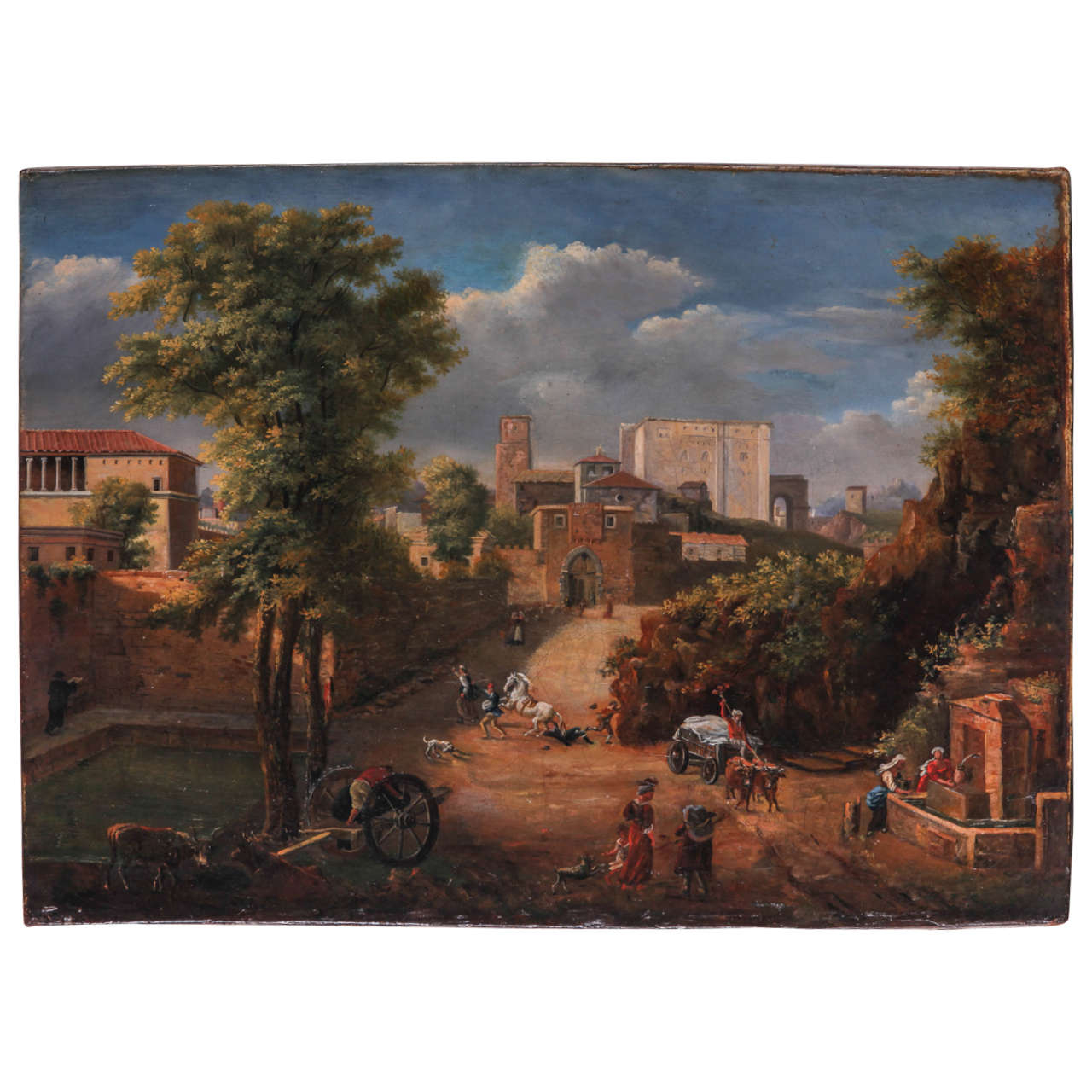 Italian painter (?), Italian rural street view, oil on canvas, Late 18th Century For Sale