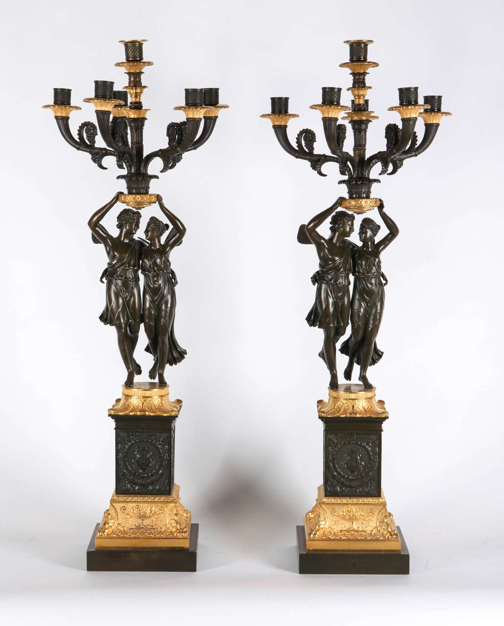 19th Century French Empire style pair of gilt and patinated bronze candelabra