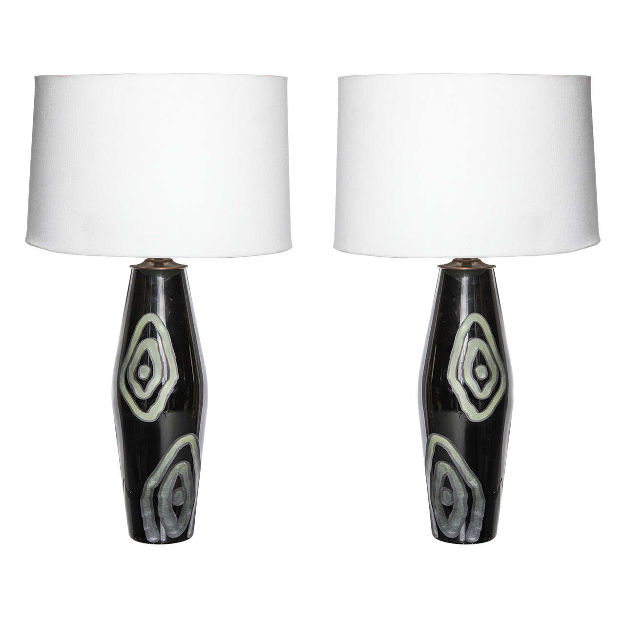 Pair of Etched Black Murano Glass Table Lamps