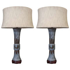 Pair 19th Century Chinese Lead Vases Inlayed with Bronze Lamps 7