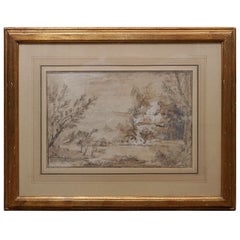French 18th Century Pen & Ink  with Gauche Landscape Drawing