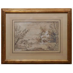 French 18th Century Pen & Ink with Gauche Landscape Drawing 11