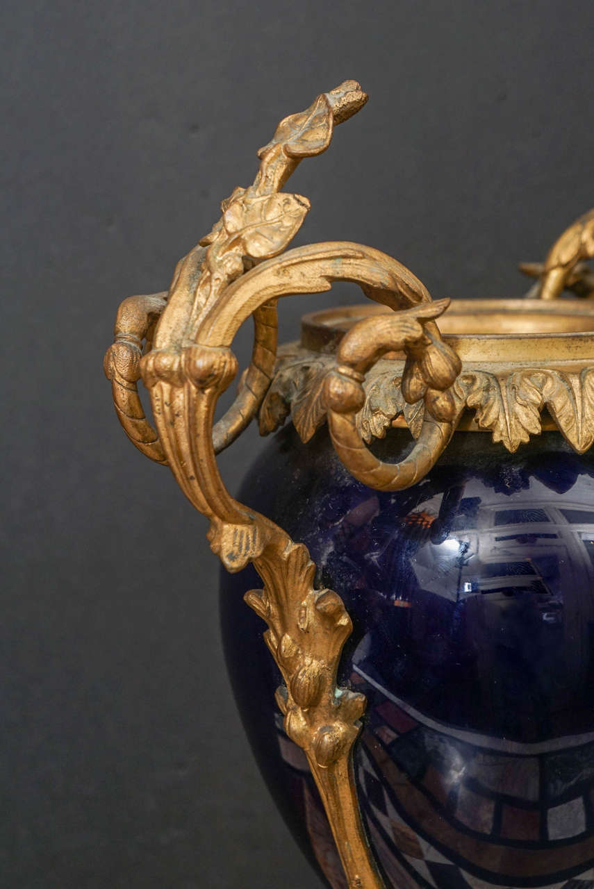 Late 19th Century Pair 19th Century French Blue Porcelain Vases Mounted in Gilded Bronze