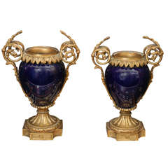 Pair 19th Century French Blue Porcelain Vases Mounted in Gilded Bronze