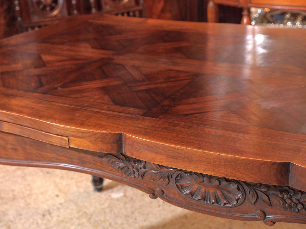 19th Century Antique French Walnut Parquetry Draw-Leaf Table