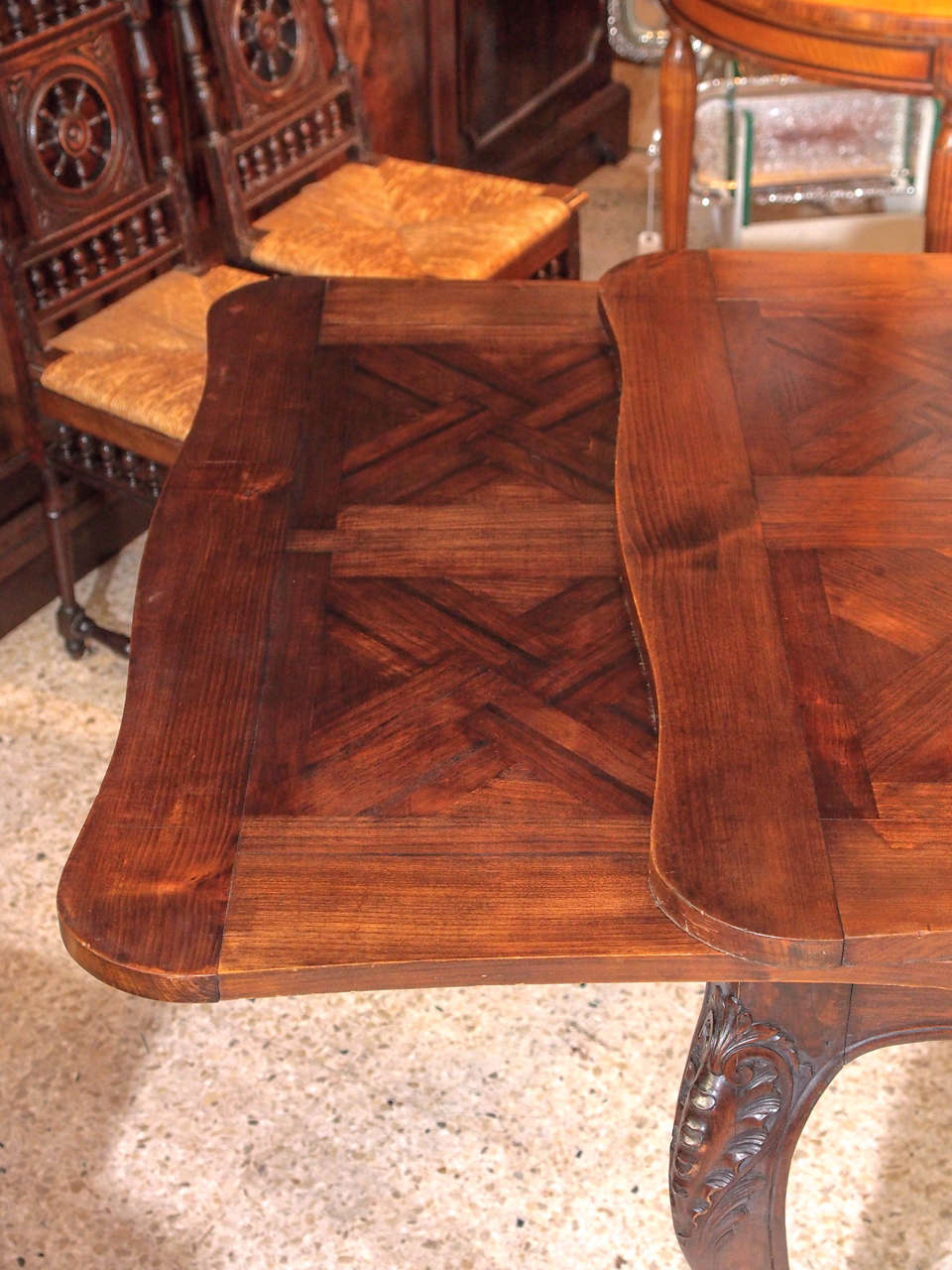 Antique French Walnut Parquetry Draw-Leaf Table 1