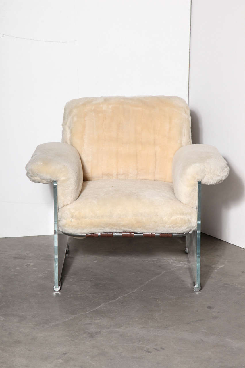 Pace Argenta Lucite & Shearling Floating Club Chair In Excellent Condition In Chicago, IL