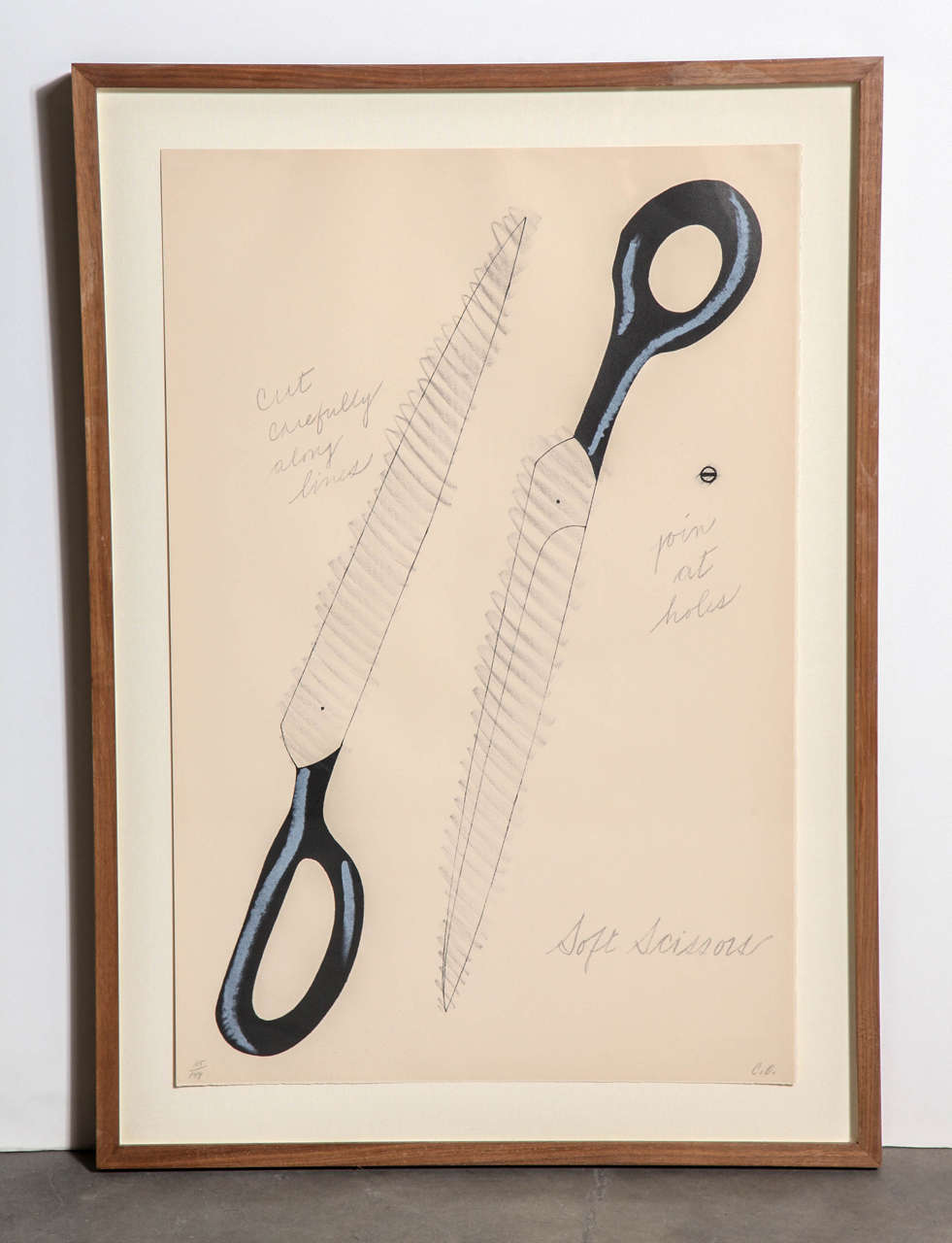 Framed lithograph by Claes Oldenberg, Scissors to Cut-Out (1968). Signed and numbered (115/149) by the artist. Custom walnut frame.