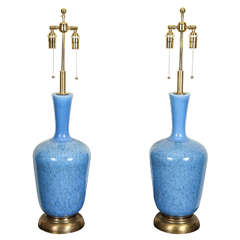 Large Pair of Blue Glazed Ceramic Lamps