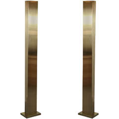 Pair of Simple Rectangular Torchieres in Brushed Brass