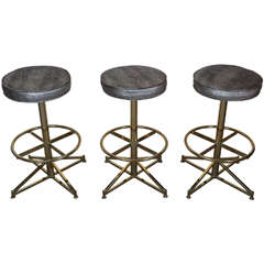Vintage Trio of Industrial Style Brass Barstools with Upholstered Seats