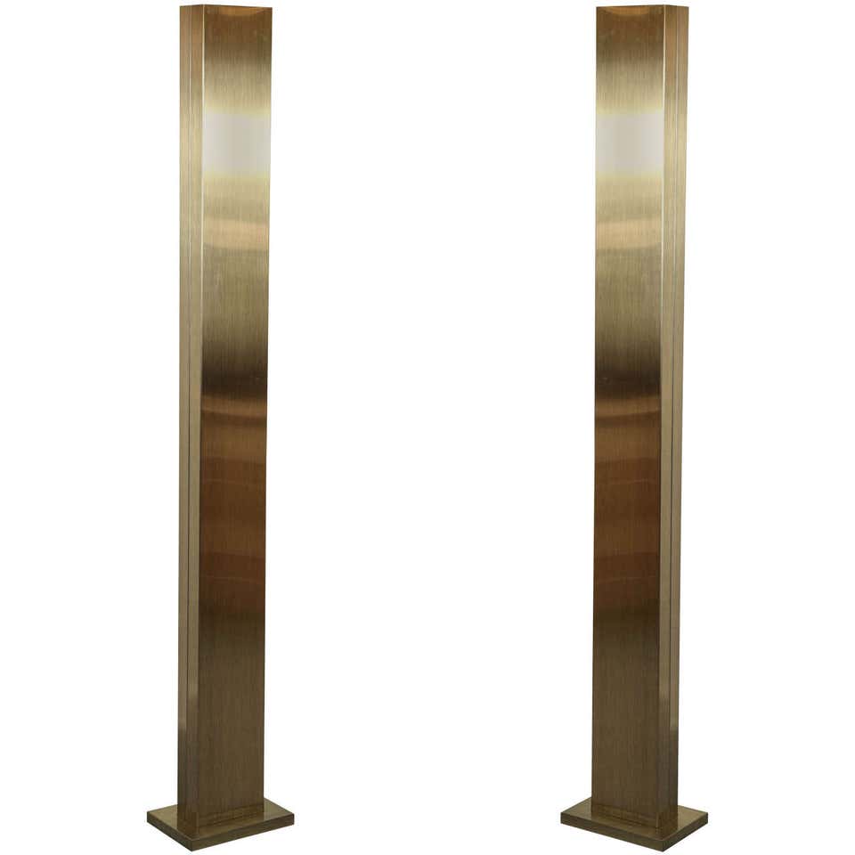 Pair of Simple Rectangular Torchieres in Brushed Brass at 1stDibs