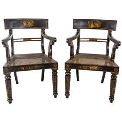 Pair of 19th Century Anglo-Indian Black Lacquered and Gilt Open Armchairs