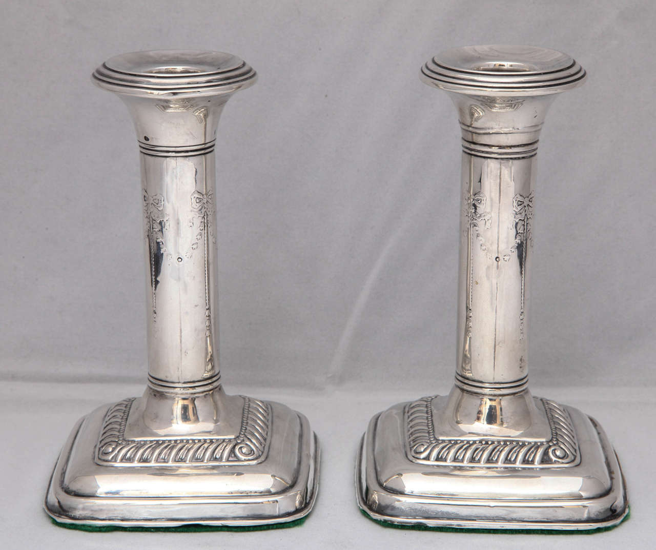 Pair of Edwardian, Sterling Silver, Square-Based Candlesticks
