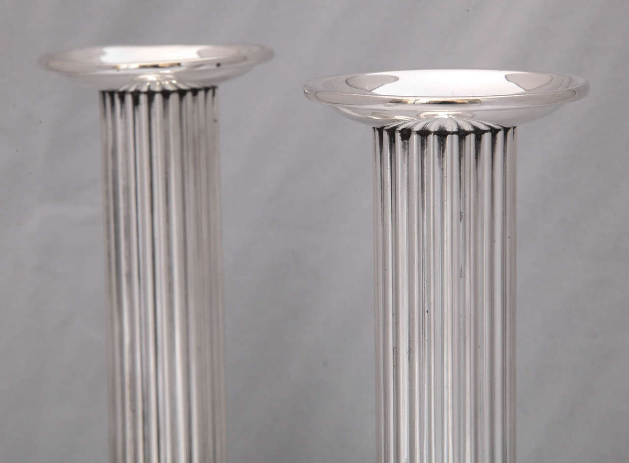 Early 20th Century Pair of Edwardian Sterling Silver Column-Form Candlesticks