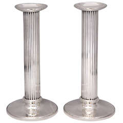 Antique Pair of Edwardian Sterling Silver Column-Form Candlesticks