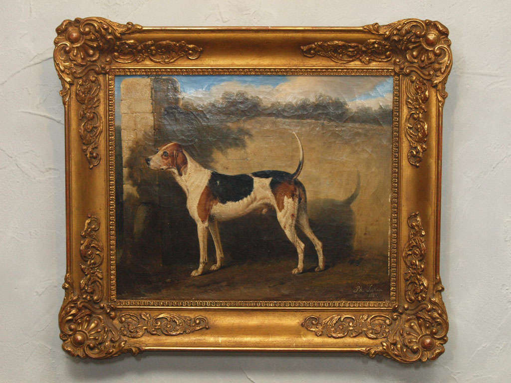 Exceptional painting of a foxhound by French artist Philippe LeDieu. Signed and dated 1847/9. Oil on canvas. The artist was born in Paris in 1805 and exhibited at the Salon de Paris from 1831-1850.