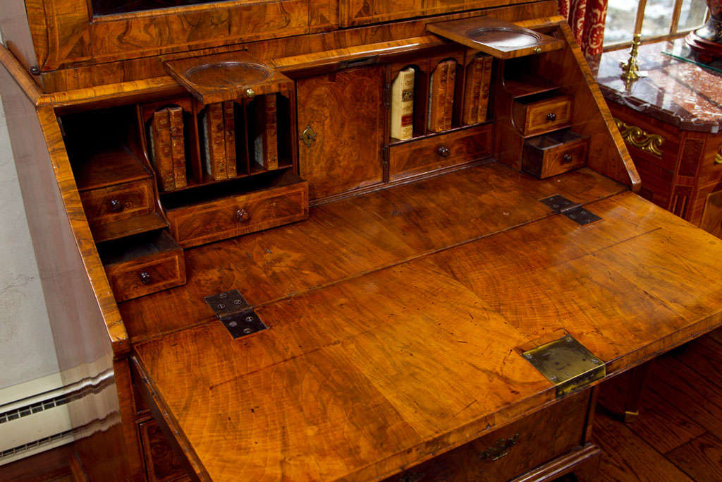 18th Century and Earlier George I Figured Walnut Bureau Bookcase with Mirror Doors For Sale