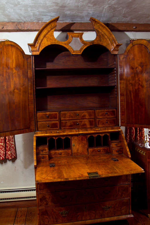 George I Figured Walnut Bureau Bookcase with Mirror Doors For Sale 1