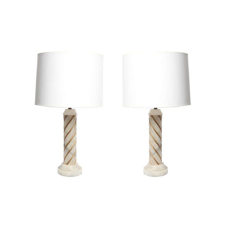 Pair of 1940s Italian Classical Modern Alabaster Table Lamps For Sale