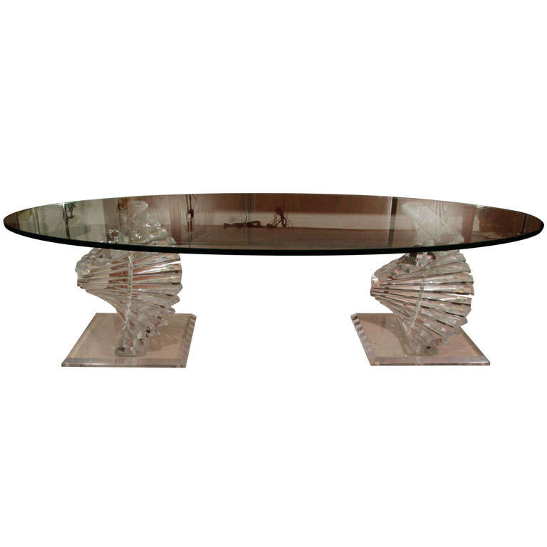 Modern Lucite and Glass Coffee Table with Spiral Colume Base