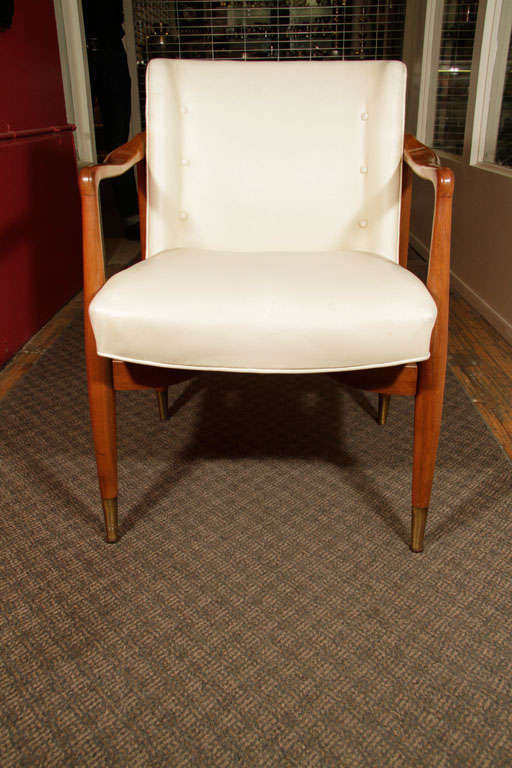 American Pair  Mid Century Modern Arm Chairs with Creme Leather Cushions