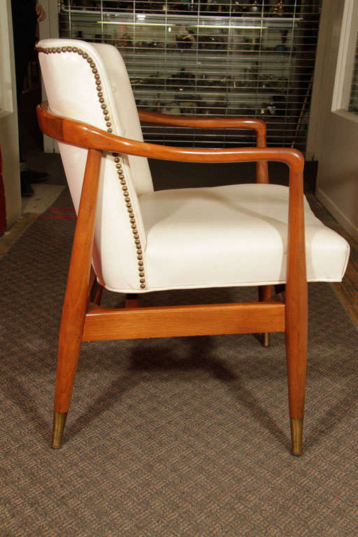 Hardwood Pair  Mid Century Modern Arm Chairs with Creme Leather Cushions
