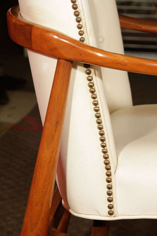 Pair  Mid Century Modern Arm Chairs with Creme Leather Cushions 1