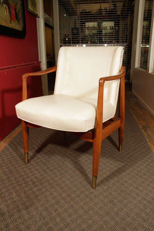 Pair  Mid Century Modern Arm Chairs with Creme Leather Cushions 3