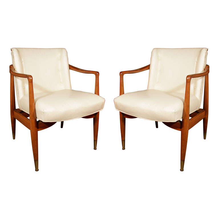 Pair  Mid Century Modern Arm Chairs with Creme Leather Cushions