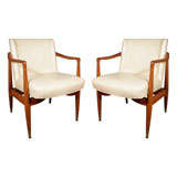 Pair  Mid Century Modern Arm Chairs with Creme Leather Cushions