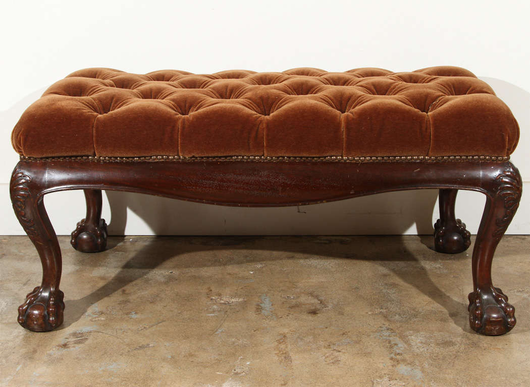 English, Mahogany, ball and claw foot bench, with tufted, silk velvet fabric.