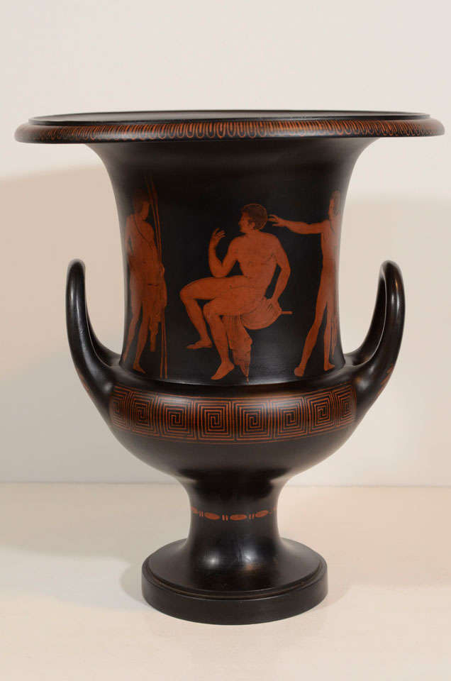 A Large Black Basalt Urn With Classical Figures and Greek key