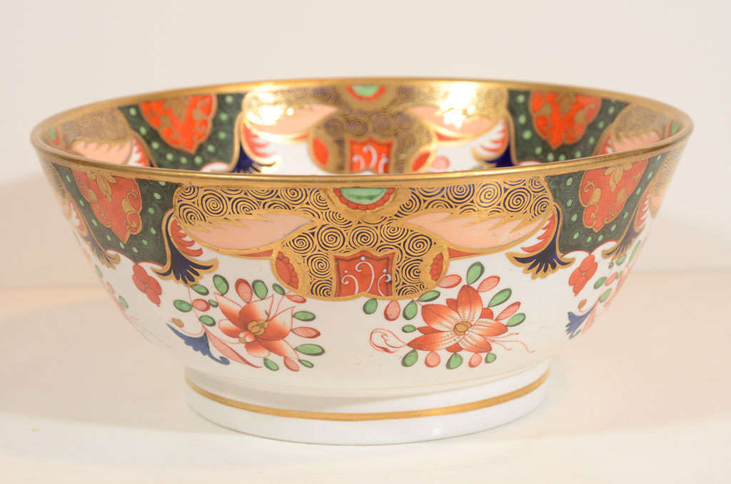 Made at the Spode Pottery Works, Stoke-on-Trent, Staffordshire, England c1810.
This bowl has brilliant colors in the Imari palette; underglaze blue, iron red, peach and green with gold accents on a white ground.
Spode's Pattern 1640 and its sister