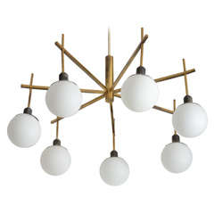 Stilnovo Brass Chandelier With White Glass Globes