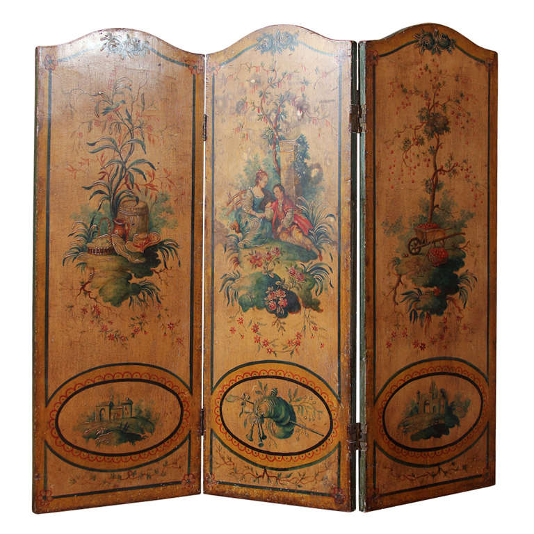 French Three Panel Painted Screen For Sale