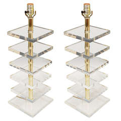 Pair of Mid Century Brass and Stacked Lucite Table Lamps