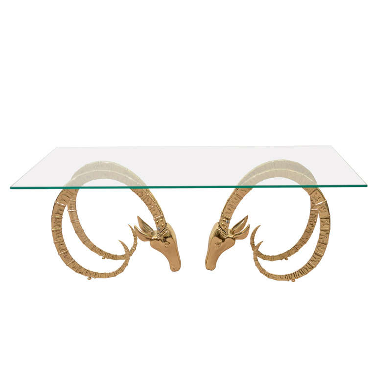 Mid Century Coffee Table with Brass Ibex Head Base