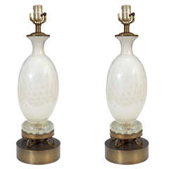 Pair of Mid Century White with Silver Flecks Murano Lamps 11