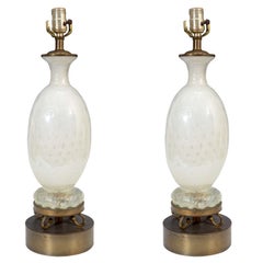 Pair of Mid Century White with Silver Flecks Murano Lamps
