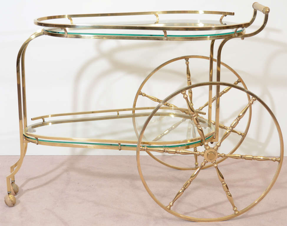 Mid Century Brass Two-Tier Bar Cart w/ Glass Shelves 1