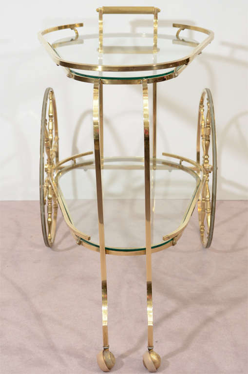 Mid Century Brass Two-Tier Bar Cart w/ Glass Shelves 3