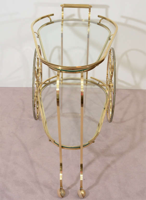 Mid Century Brass Two-Tier Bar Cart w/ Glass Shelves 4