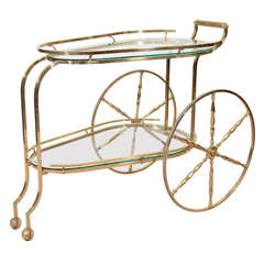 Mid Century Brass Two-Tier Bar Cart w/ Glass Shelves