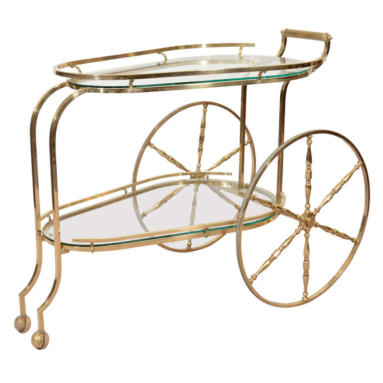 Mid Century Brass Two-Tier Bar Cart w/ Glass Shelves