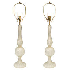Pair of Mid Century White Murano Glass Lamps w/ Gold Detailing