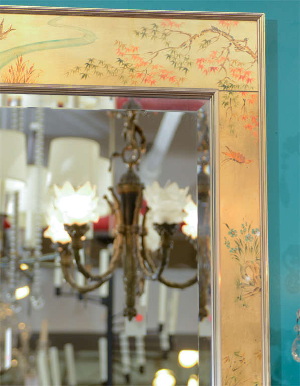 Mid Century Eglomise Framed Mirror w/ Flower and Bird Motif by La Barge In Good Condition In New York, NY