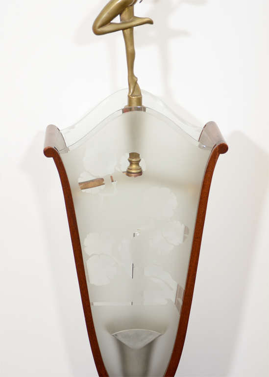 Italian Superb Art Deco Lamps with Bronze Nude Figures and Etched Scenic Glass Panels For Sale