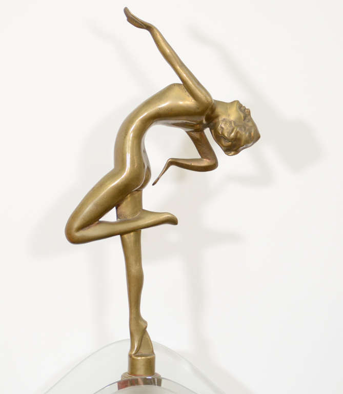 Cast Superb Art Deco Lamps with Bronze Nude Figures and Etched Scenic Glass Panels For Sale